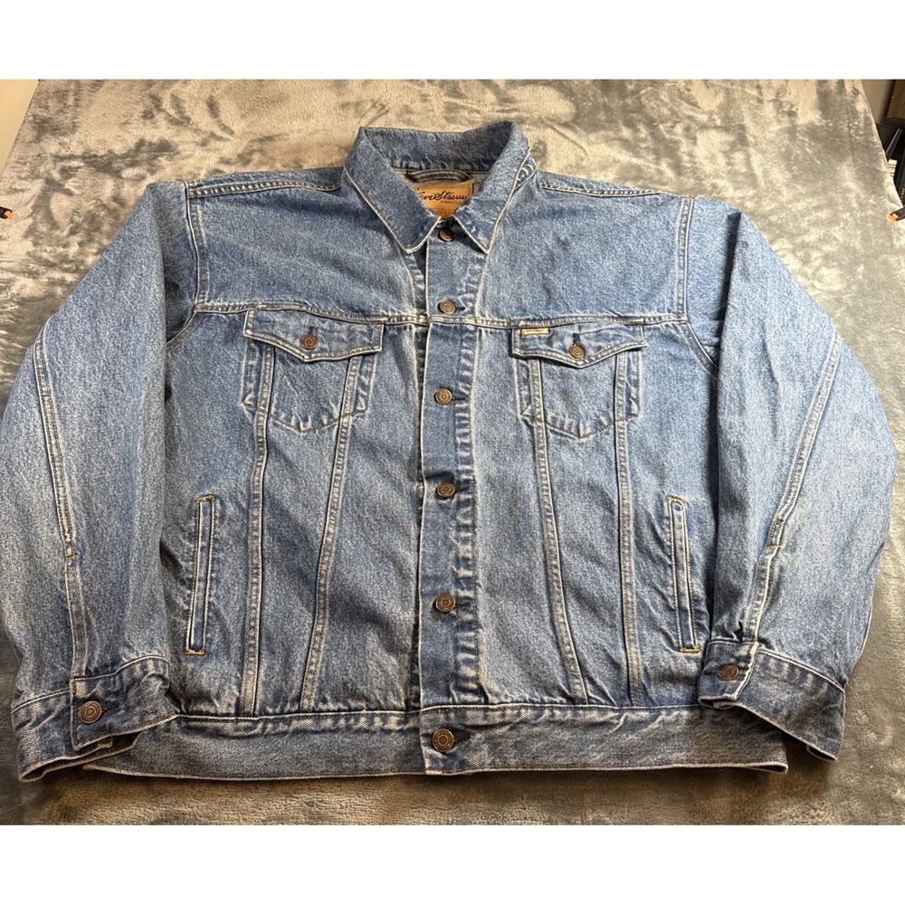 Levi Strauss Signature Denim Trucker Jacket Blue Mens XL Vintage Plaid Lining